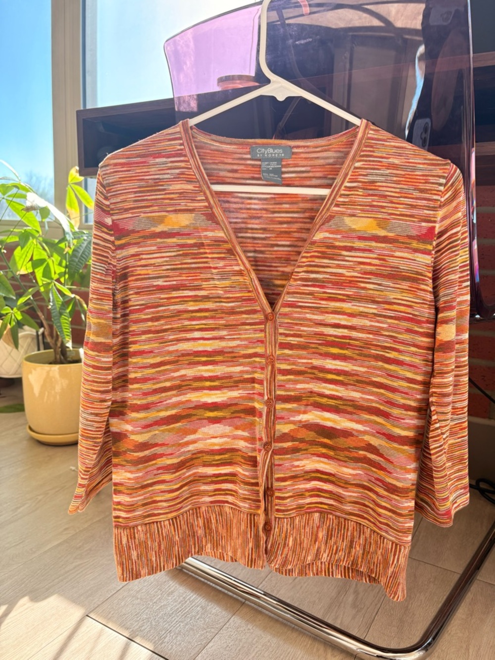 KORET City Blues Women's Orange Multicolor Striped V-Neck Button Up Cardigan